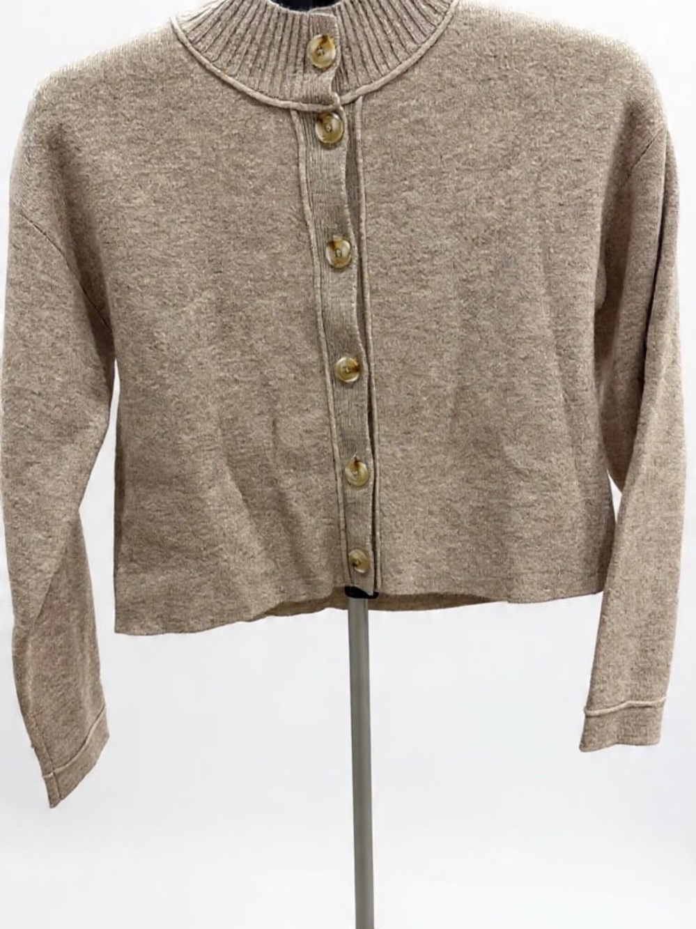 Something Navy Oatmeal Cropped Button-Front Mock Cardigan Just Classy